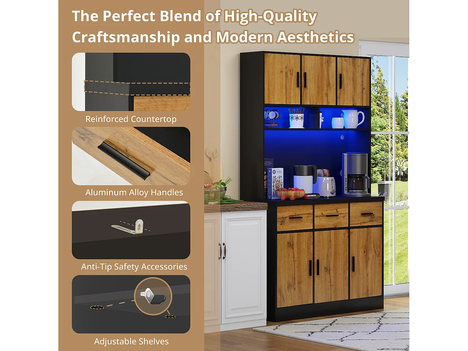Kitchen sideboard with LED lighting - 6 doors, 3 drawers and 3 open compartments - Natural