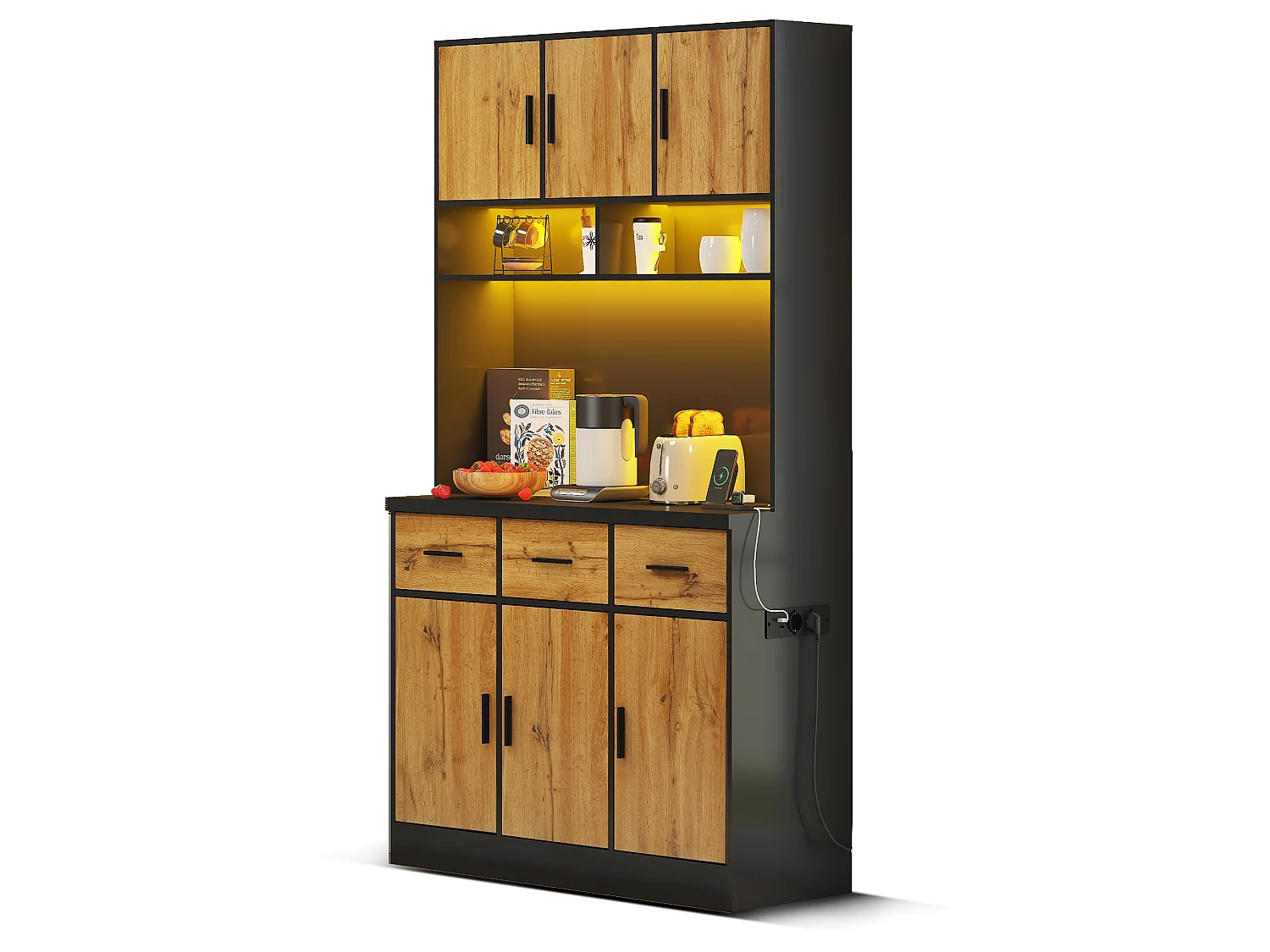Kitchen sideboard with LED lighting - 6 doors, 3 drawers and 3 open compartments - Natural