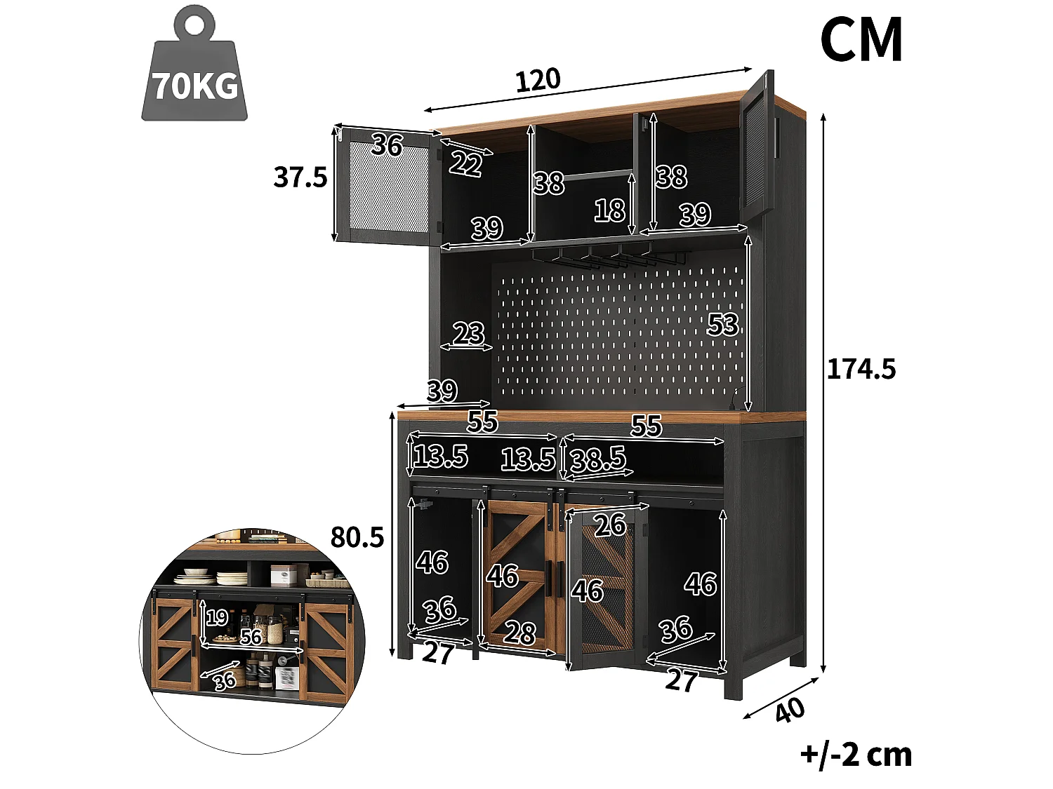 Kredens kuchenny 120x40x174,5 cm - z drzwiami przesuwnymi, portem USB, perforowanym panelem i oświetleniem LED - Czarny