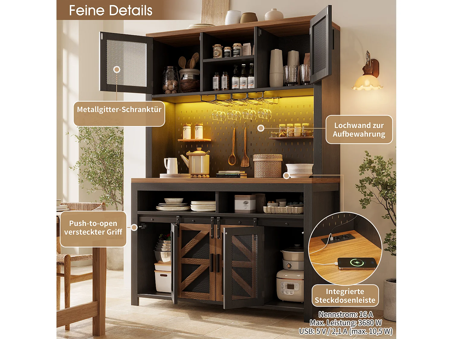 Kredens kuchenny 120x40x174,5 cm - z drzwiami przesuwnymi, portem USB, perforowanym panelem i oświetleniem LED - Czarny