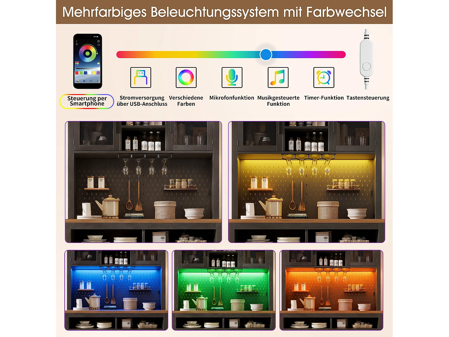Kredens kuchenny 120x40x174,5 cm - z drzwiami przesuwnymi, portem USB, perforowanym panelem i oświetleniem LED - Czarny