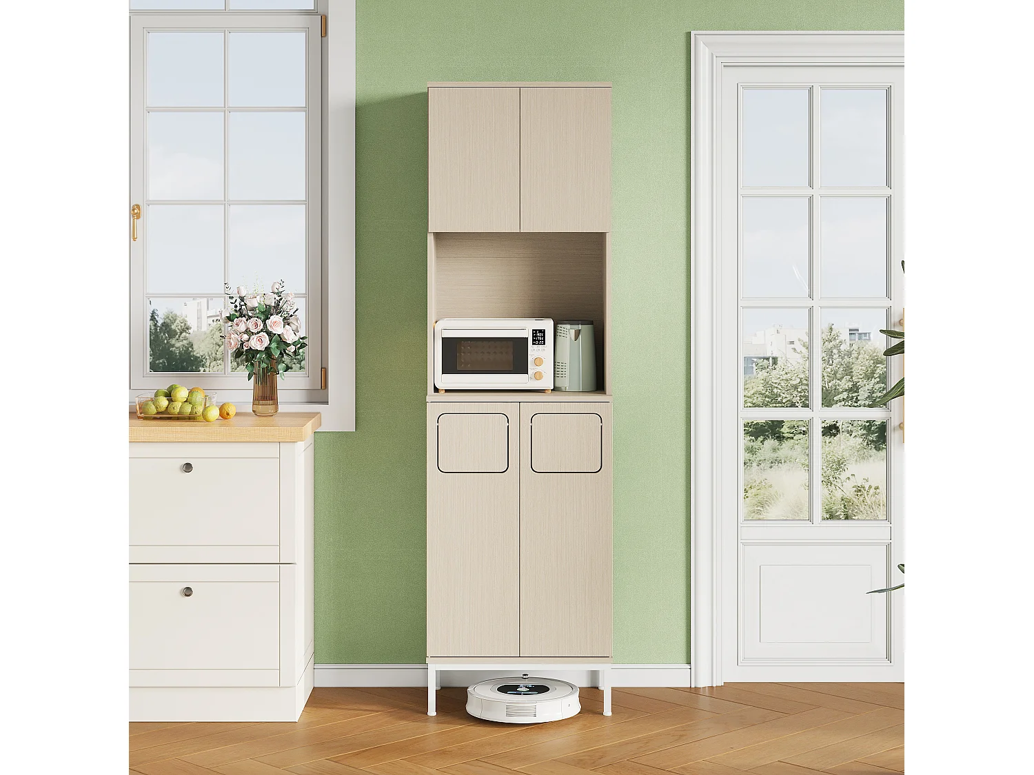 Buffet de cuisine avec poubelle 53 x 35 x 181 cm - Bois clair et blanc