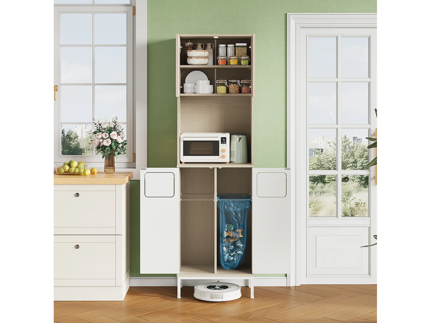 Buffet de cuisine avec poubelle 53 x 35 x 181 cm - Bois clair et blanc