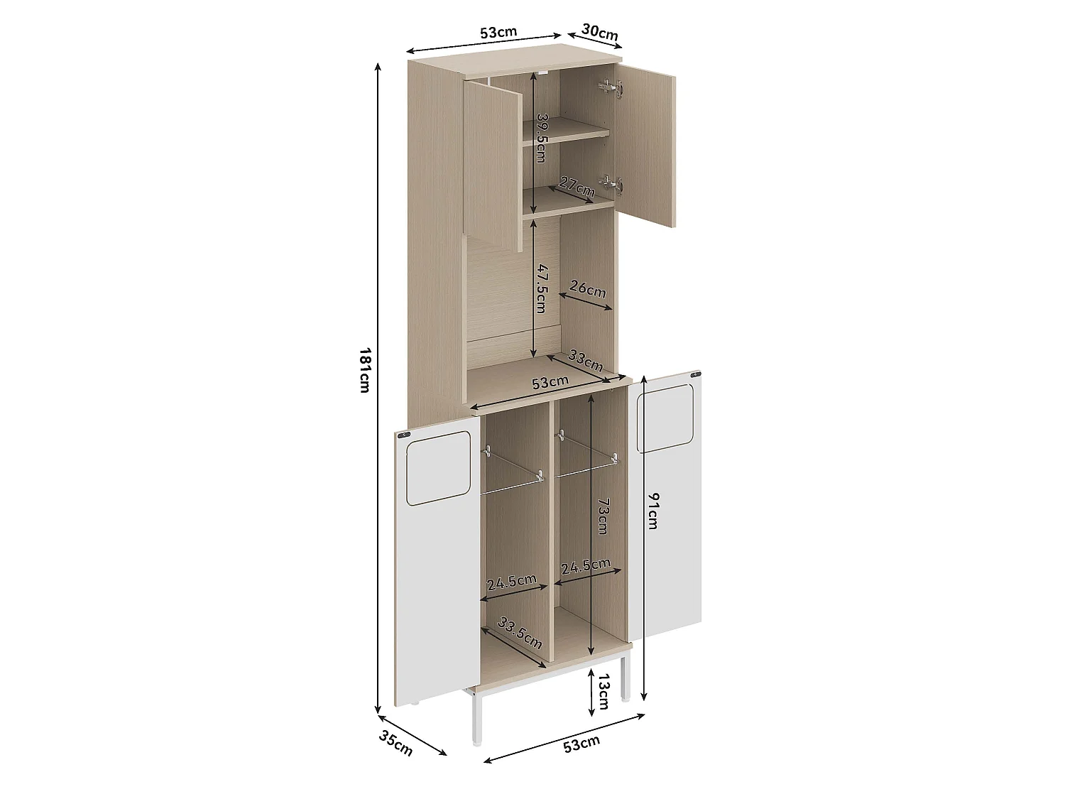 Buffet de cuisine avec poubelle 53 x 35 x 181 cm - Bois clair et blanc