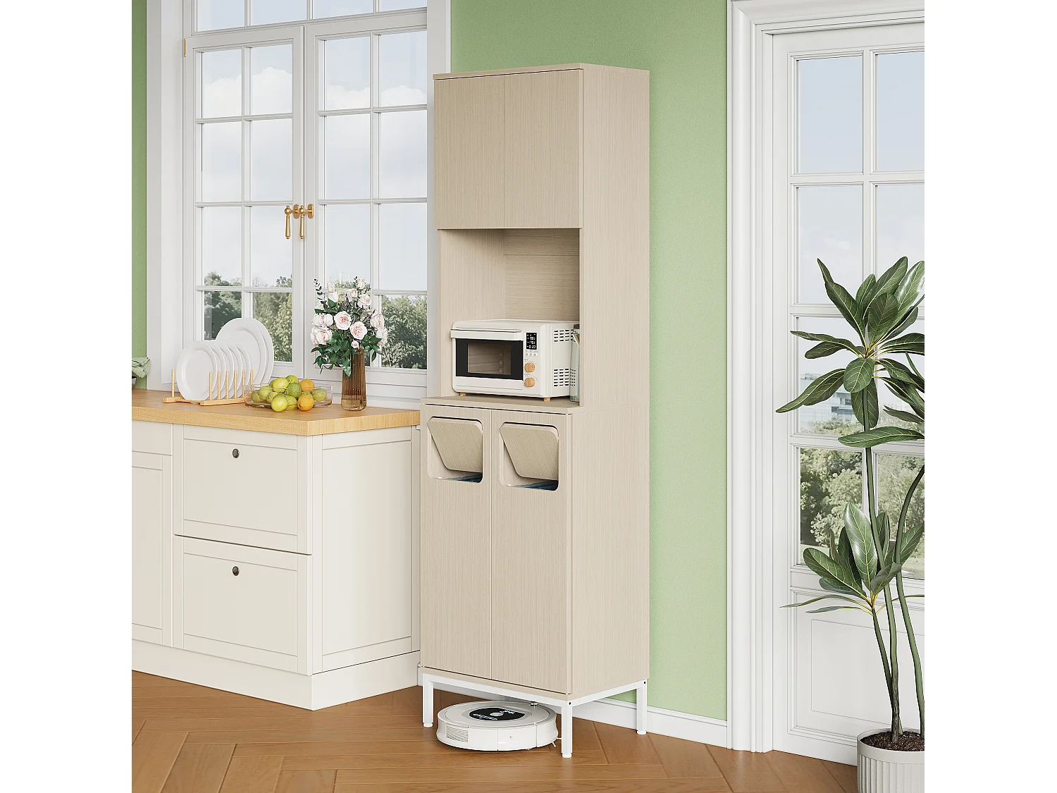Buffet de cuisine avec poubelle 53 x 35 x 181 cm - Bois clair et blanc