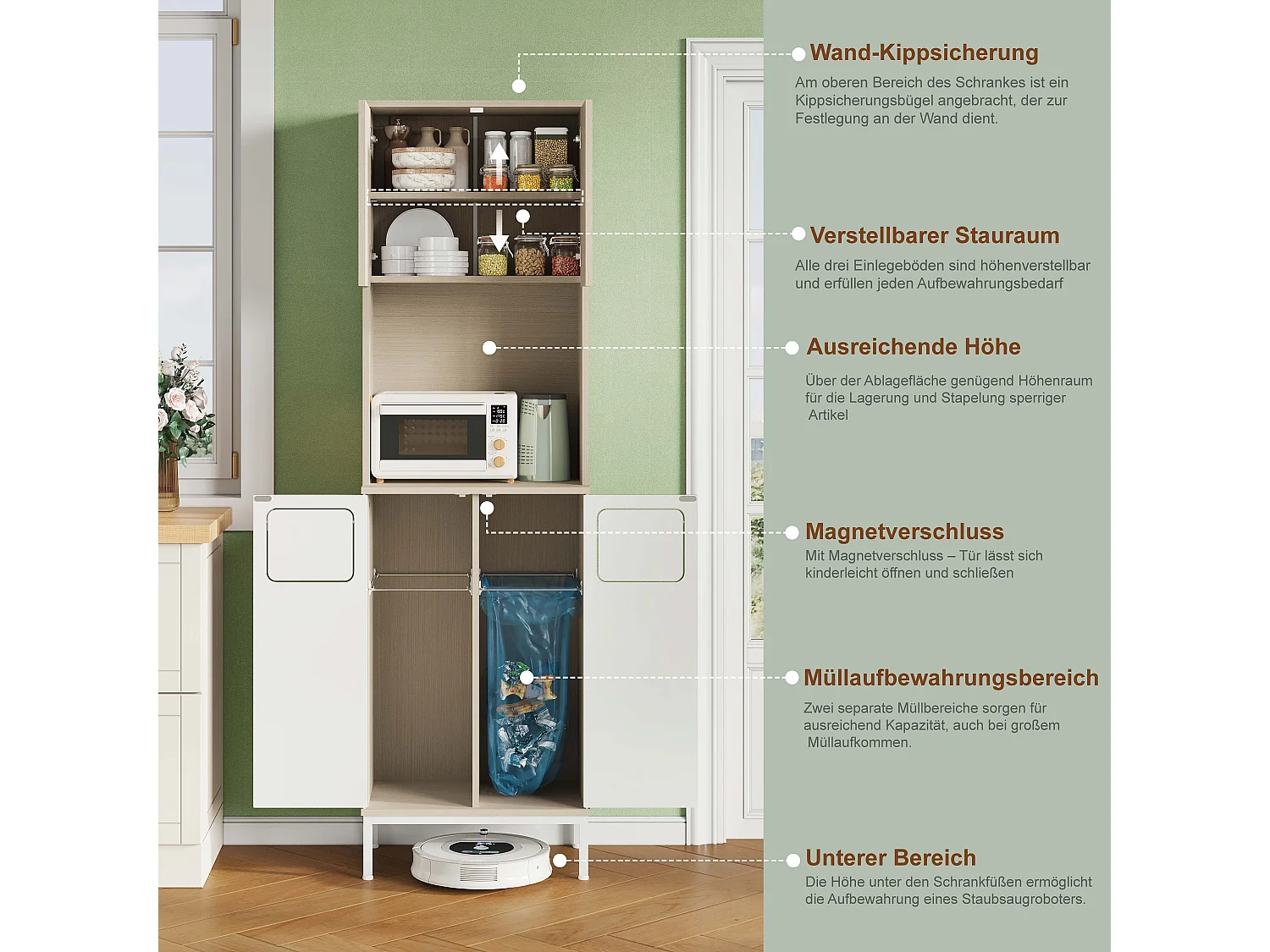 Buffet de cuisine avec poubelle 53 x 35 x 181 cm - Bois clair et blanc