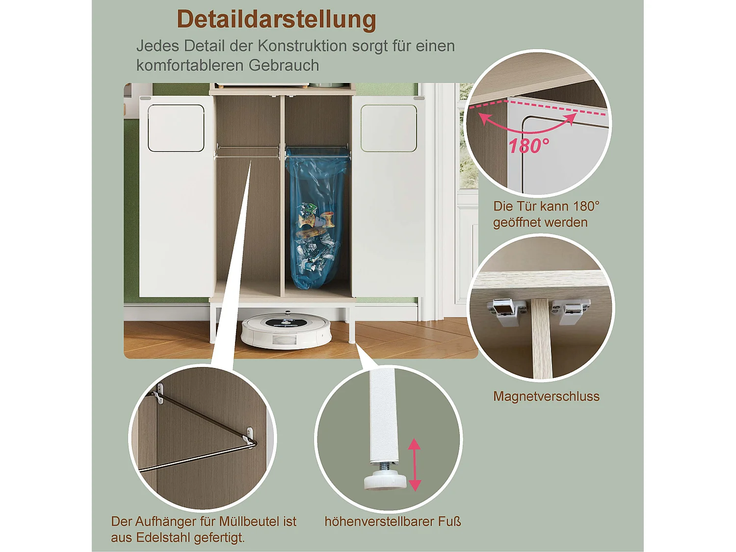 Buffet de cuisine avec poubelle 53 x 35 x 181 cm - Bois clair et blanc