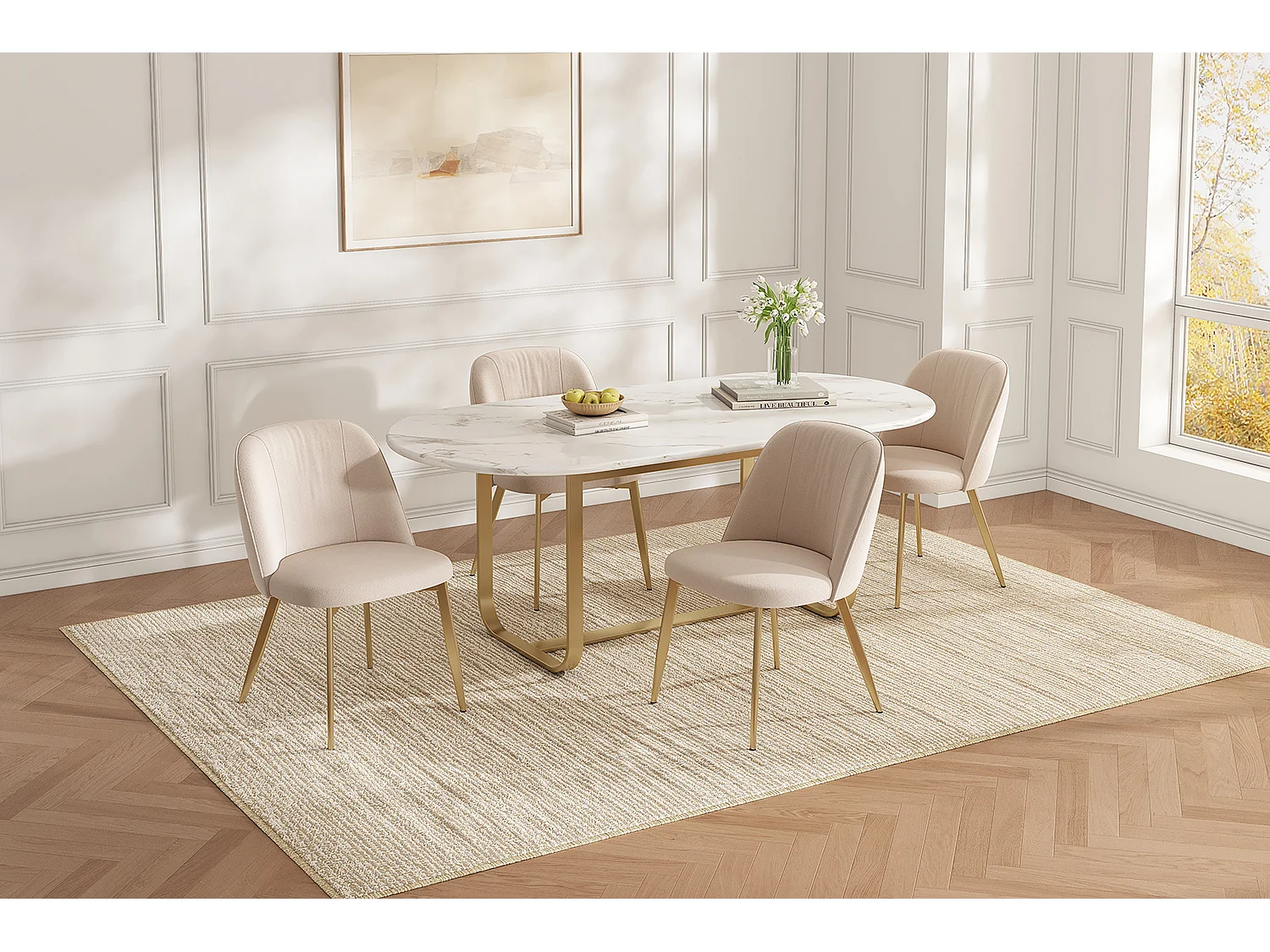 Lot de 4 chaises de salle à manger en velours et métal - Beige et or
