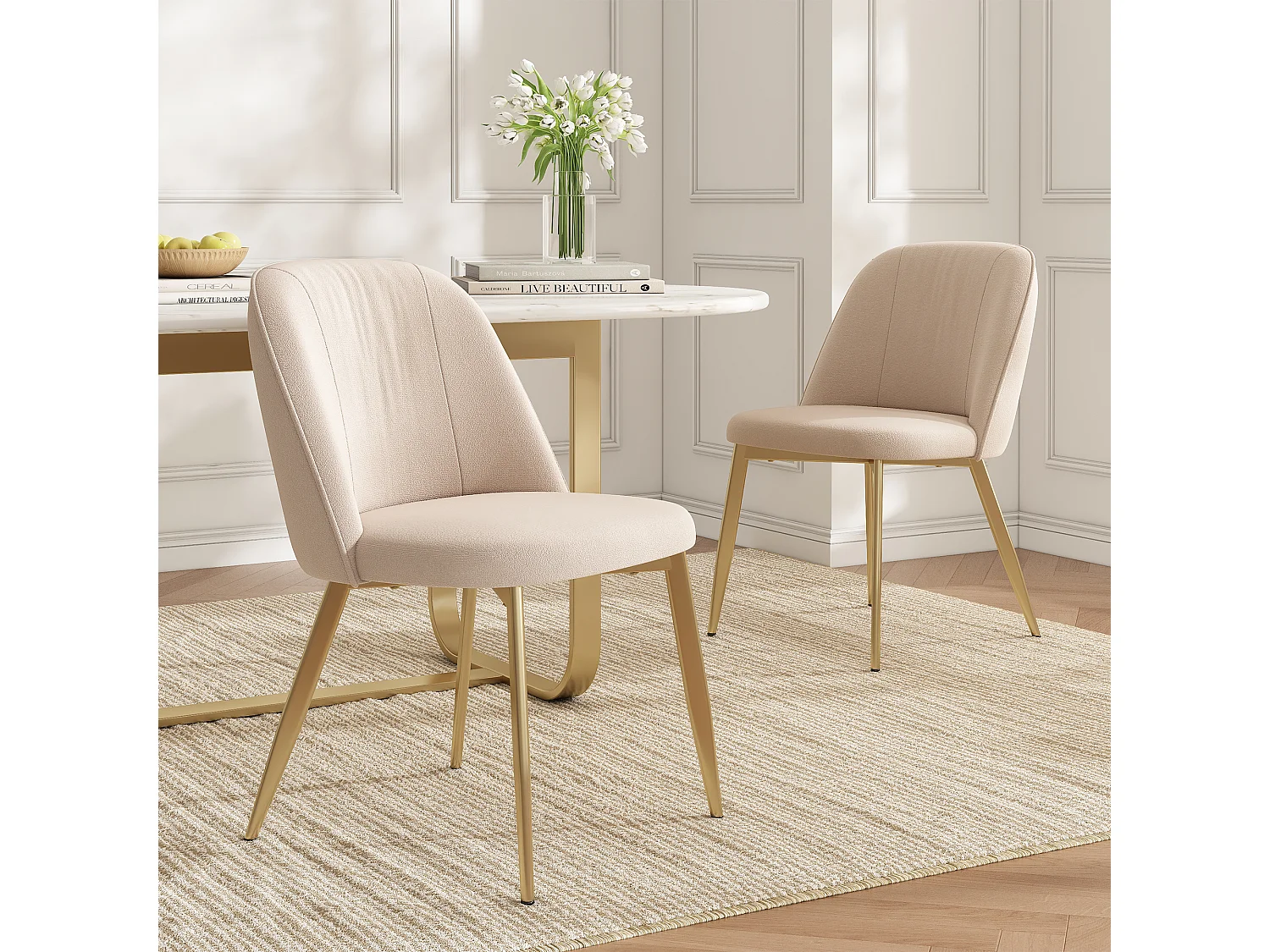 Lot de 4 chaises de salle à manger en velours et métal - Beige et or