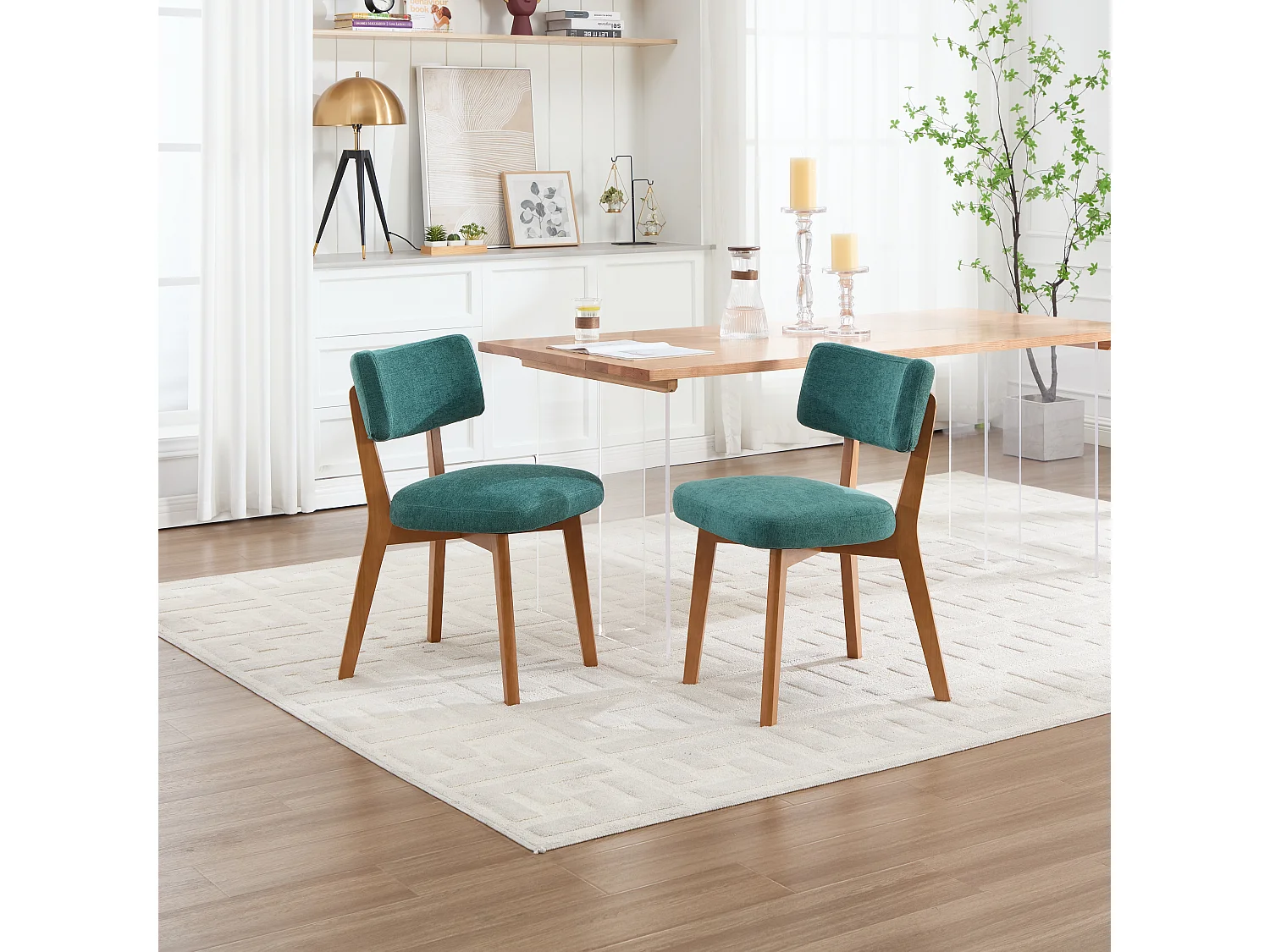 Lot de 2 chaises de salle à manger en tissu vert - Pieds en bois