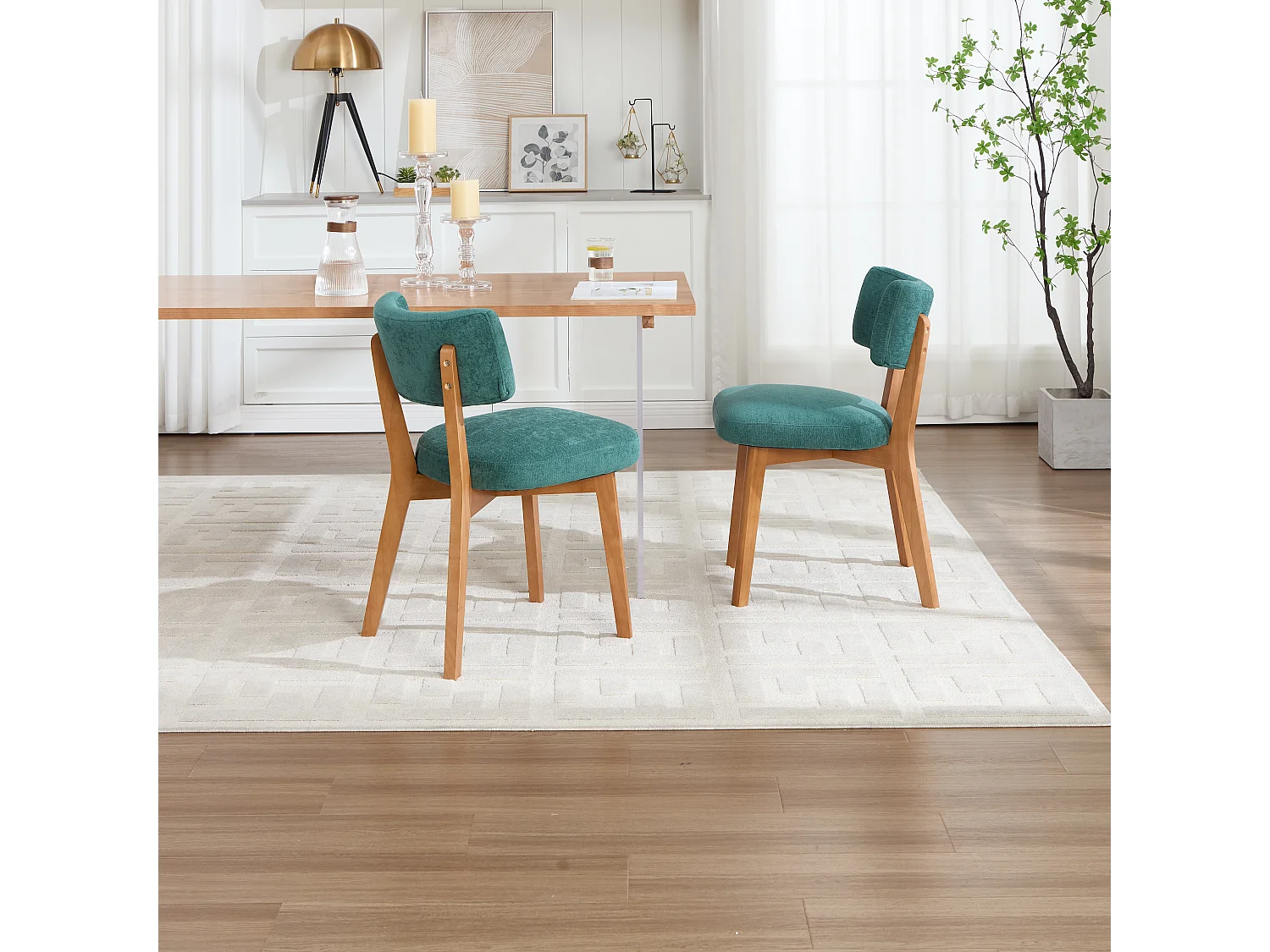 Lot de 2 chaises de salle à manger en tissu vert - Pieds en bois