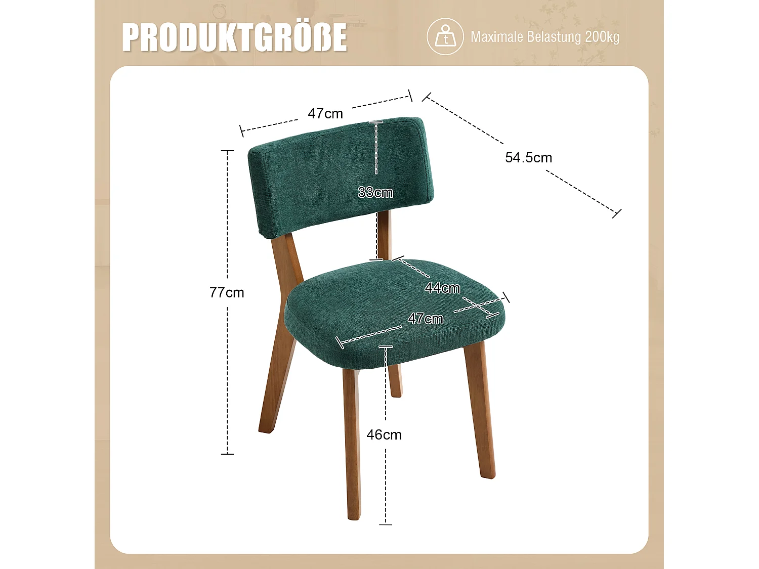 Lot de 2 chaises de salle à manger en tissu vert - Pieds en bois