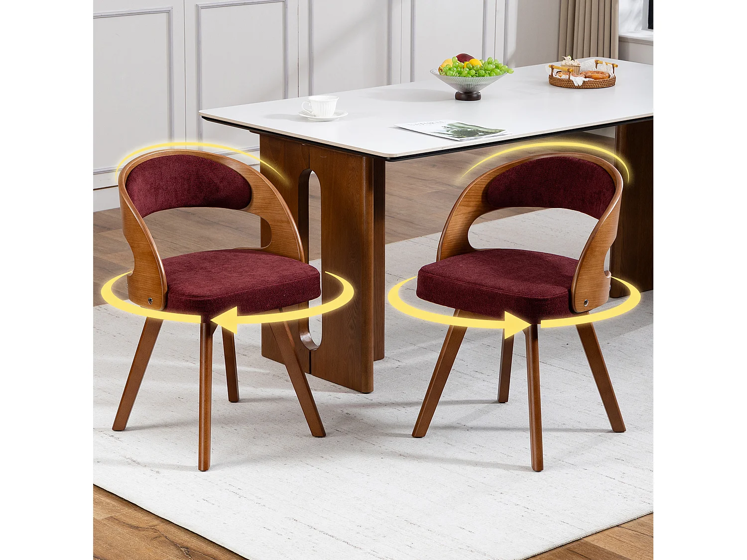 Set van 2 draaibare houten stoelen met gebogen rugleuningen - Bordeauxrode linnen stof