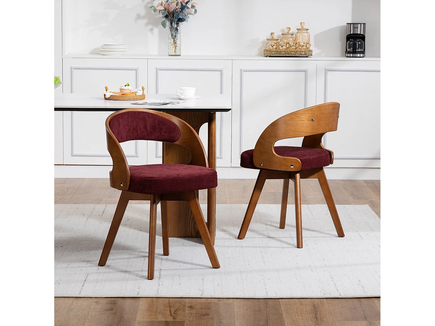 Set van 2 draaibare houten stoelen met gebogen rugleuningen - Bordeauxrode linnen stof