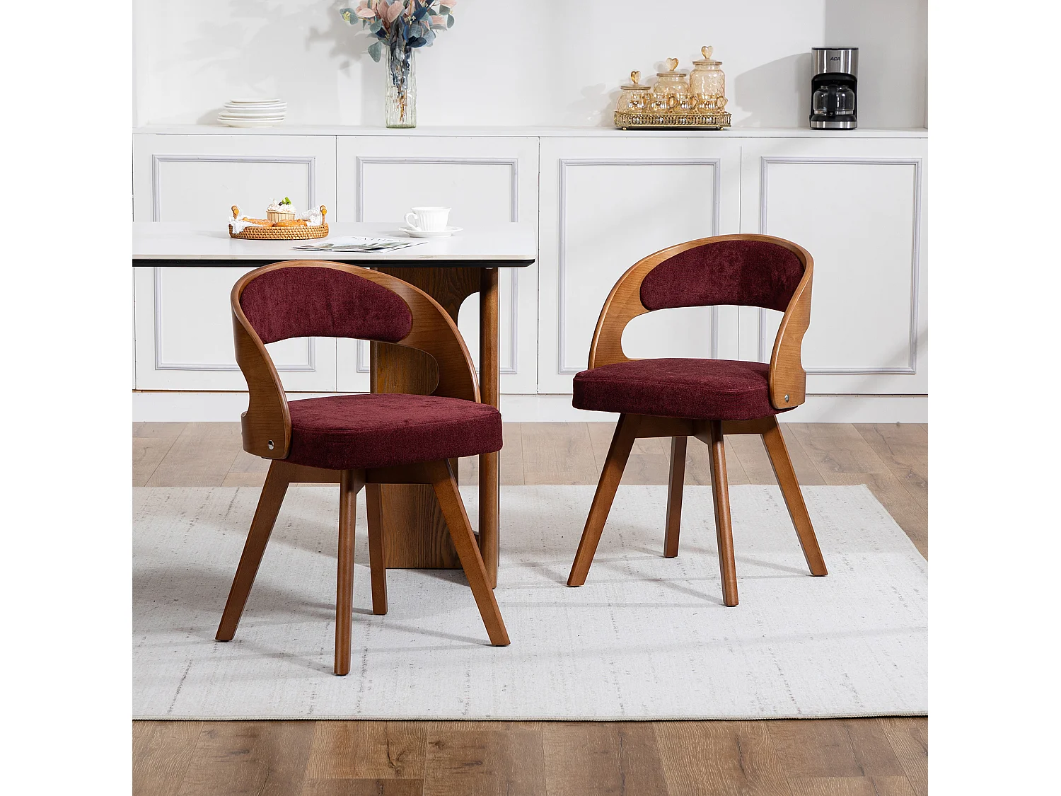 Set van 2 draaibare houten stoelen met gebogen rugleuningen - Bordeauxrode linnen stof
