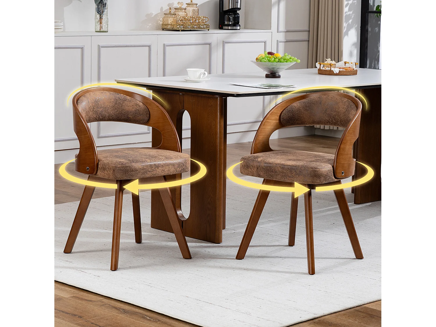 Set van 2 draaibare houten stoelen met gebogen rugleuningen - Bruine technische stof