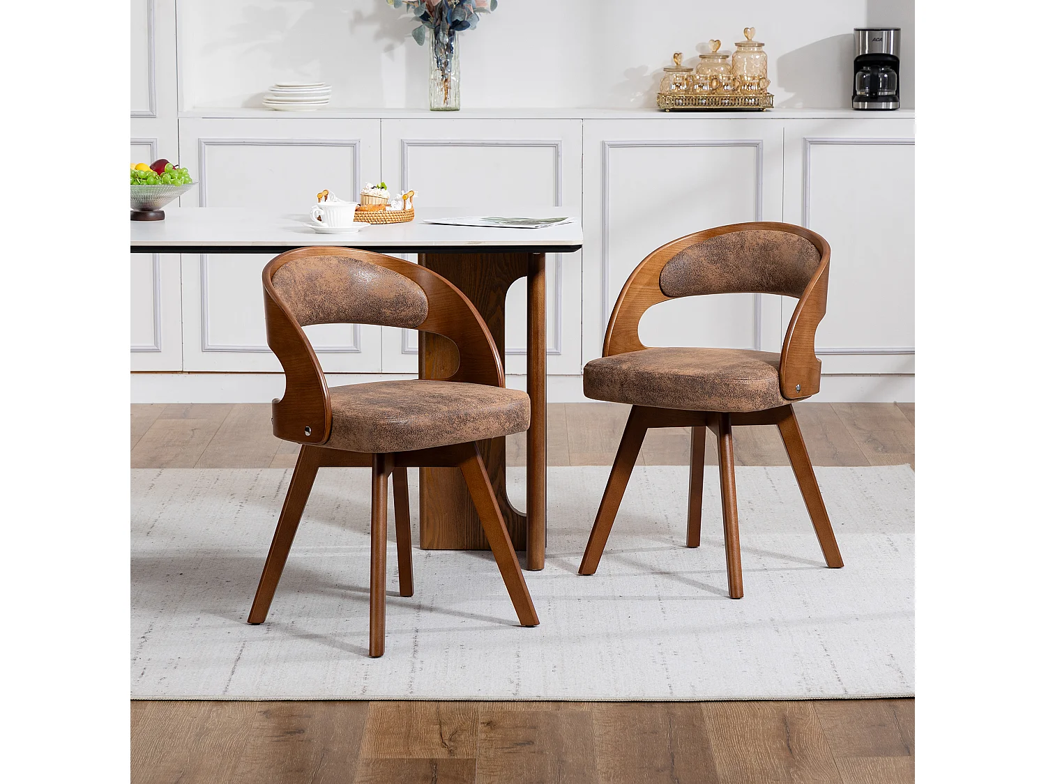 Set van 2 draaibare houten stoelen met gebogen rugleuningen - Bruine technische stof