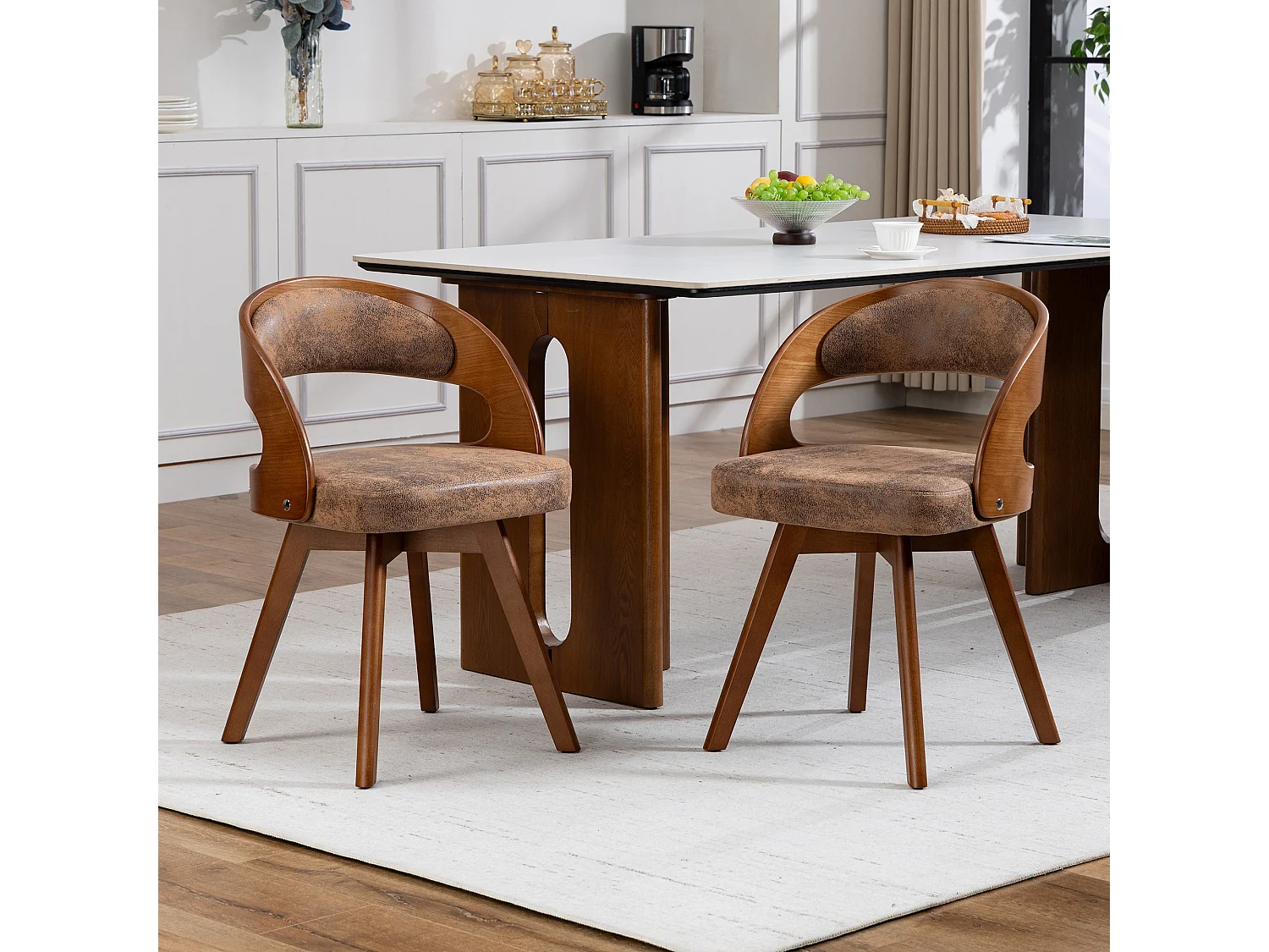 Set van 2 draaibare houten stoelen met gebogen rugleuningen - Bruine technische stof
