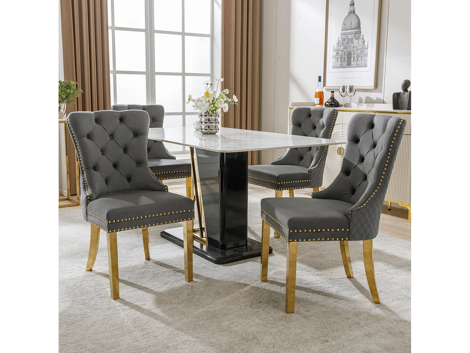 Lot de 4 chaises en velours gris avec garniture cloutée - Pieds en métal doré