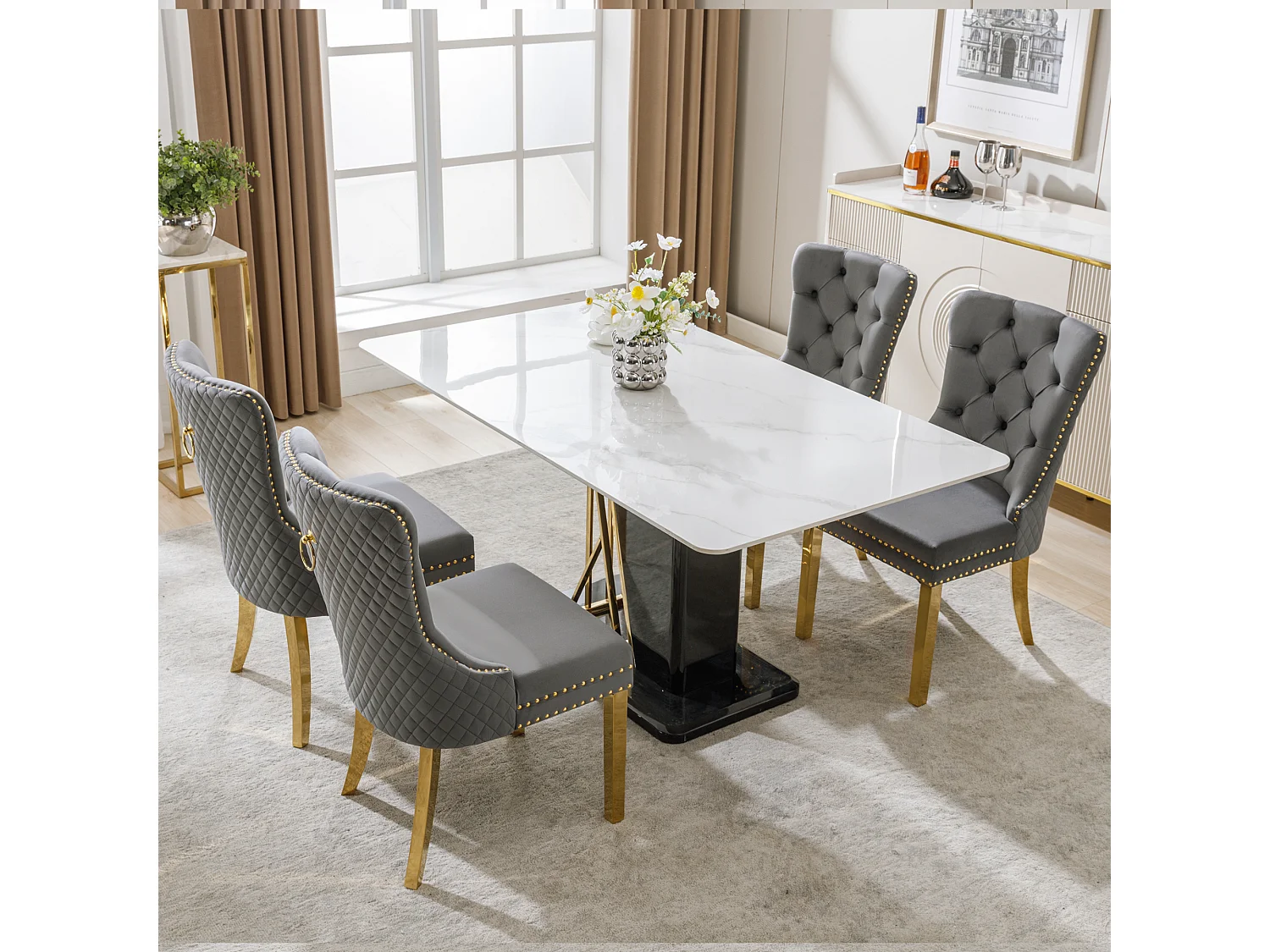 Lot de 4 chaises en velours gris avec garniture cloutée - Pieds en métal doré