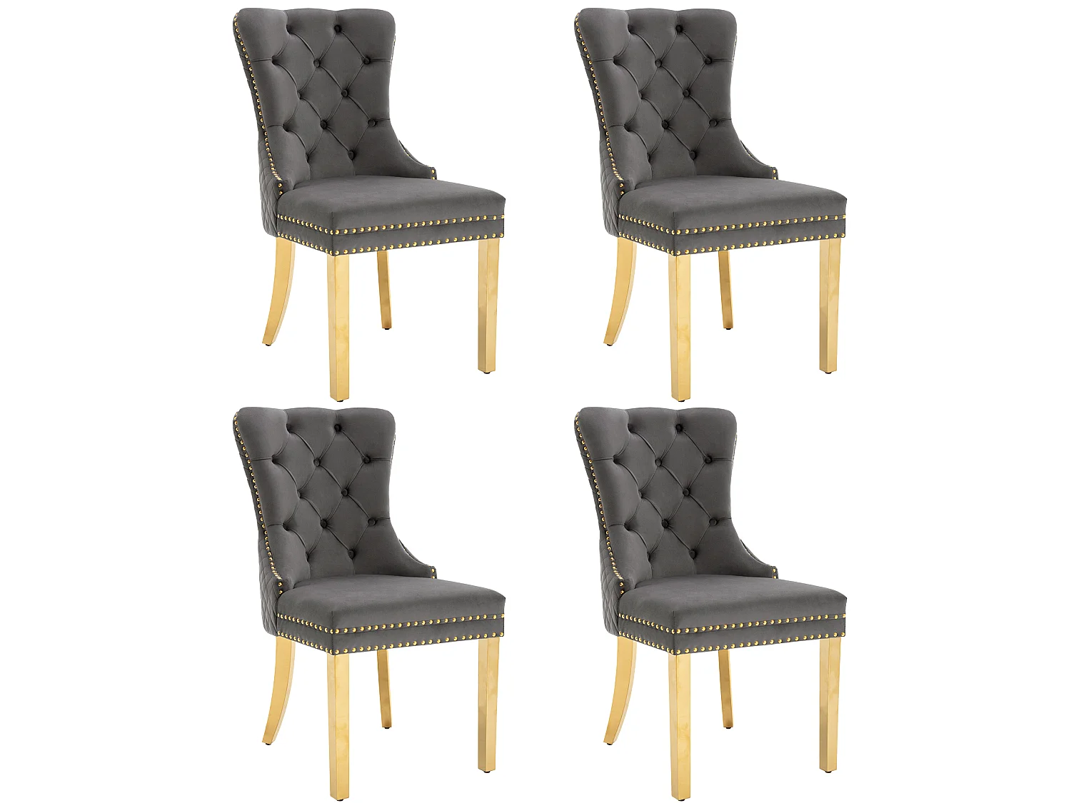 Lot de 4 chaises en velours gris avec garniture cloutée - Pieds en métal doré