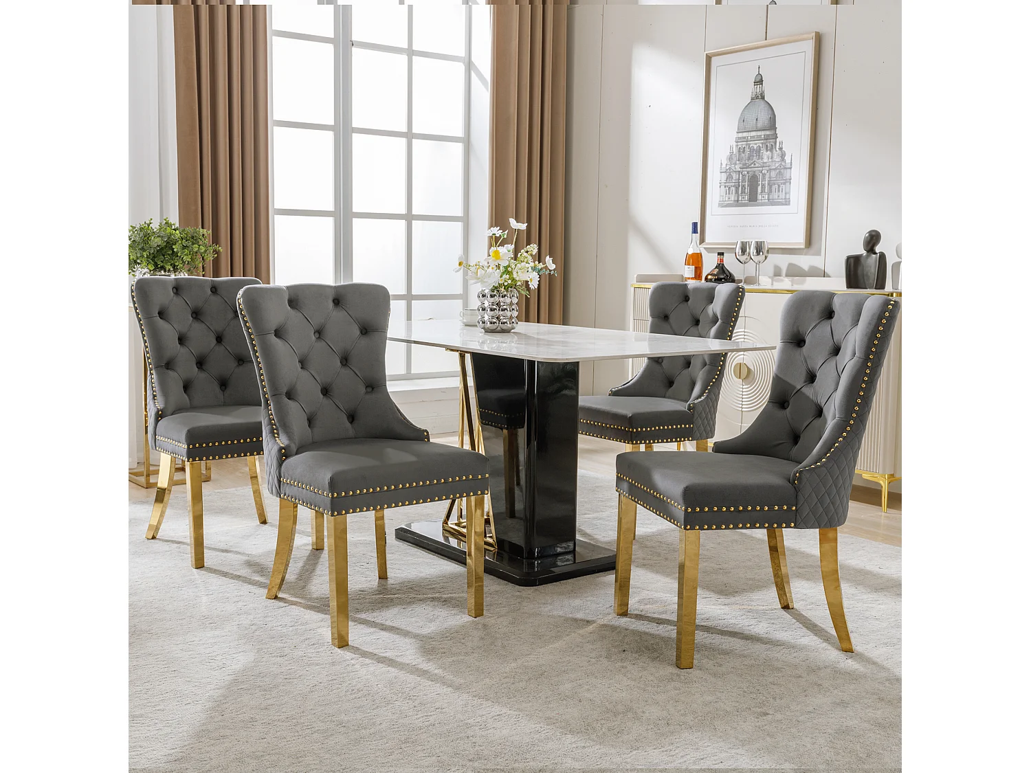 Lot de 4 chaises en velours gris avec garniture cloutée - Pieds en métal doré