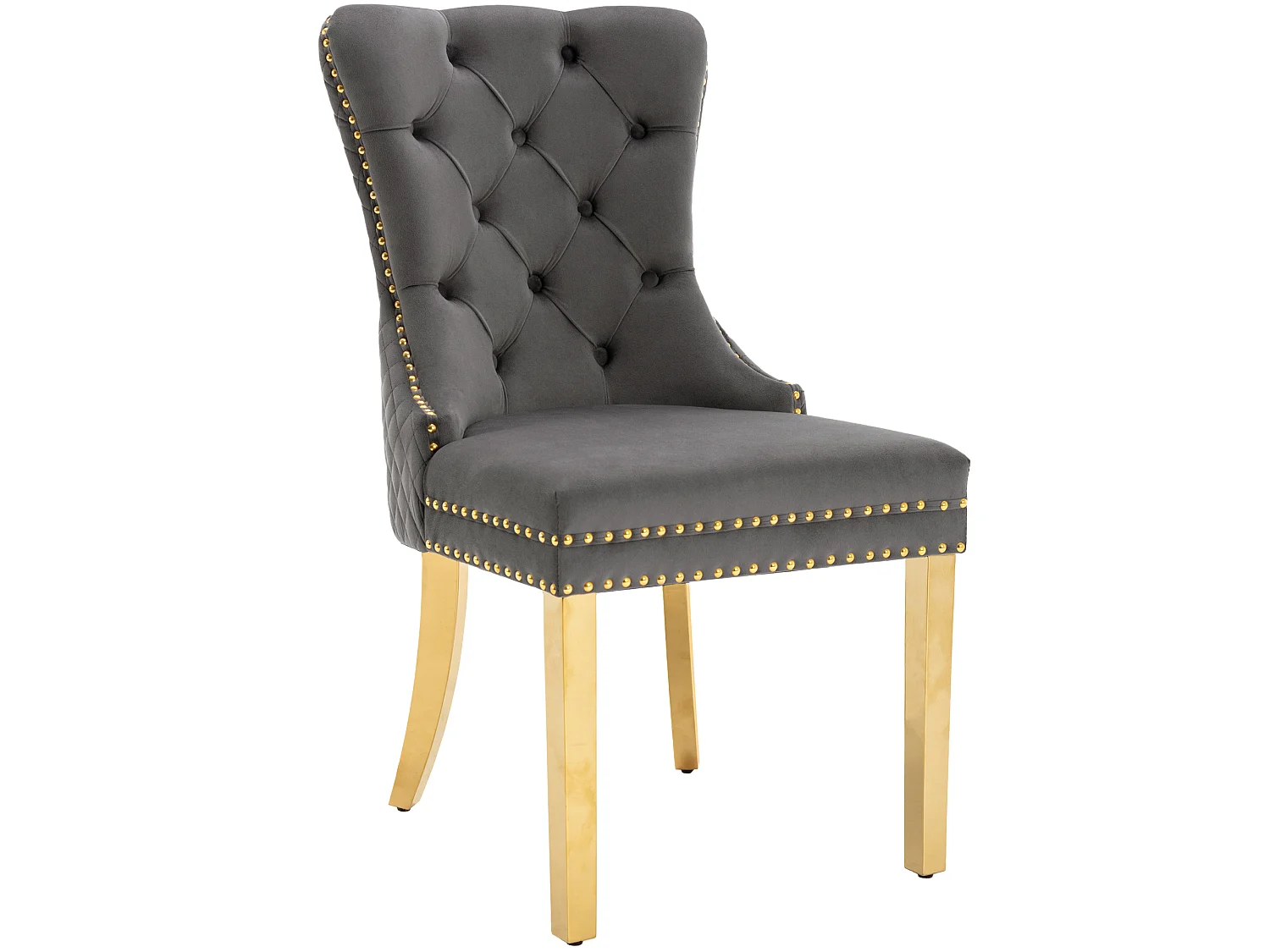 Lot de 4 chaises en velours gris avec garniture cloutée - Pieds en métal doré