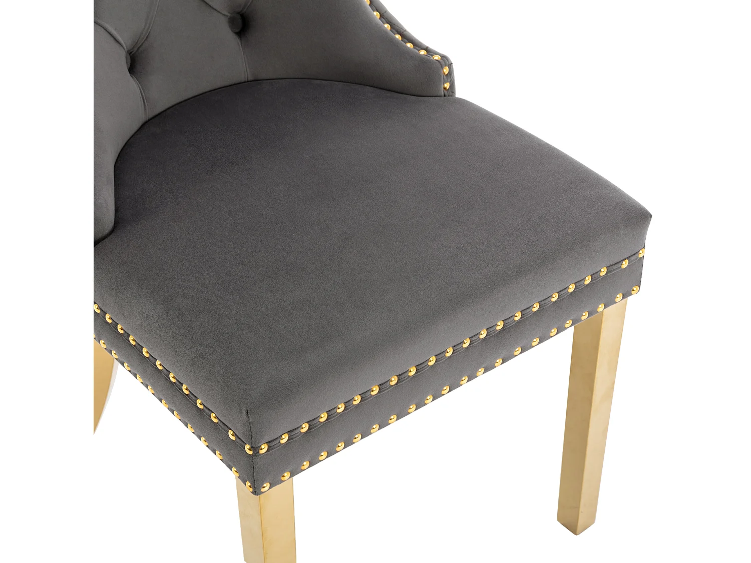 Lot de 4 chaises en velours gris avec garniture cloutée - Pieds en métal doré