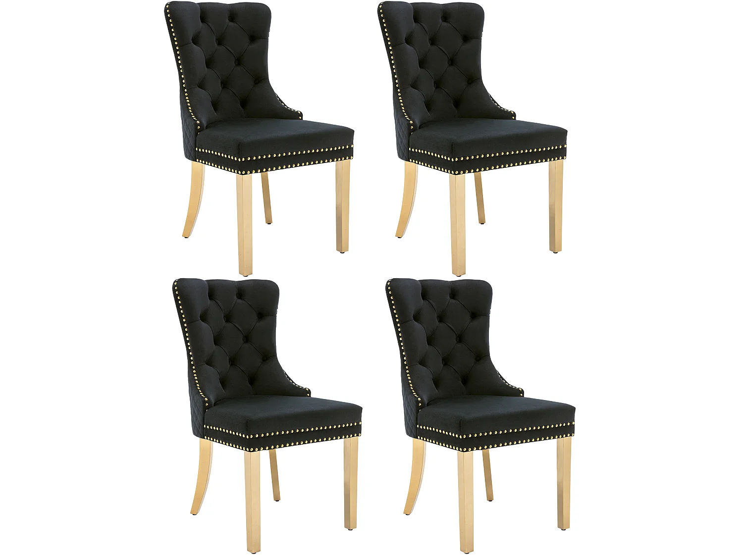 Lot de 4 chaises en velours noir avec garniture cloutée - Pieds en métal doré