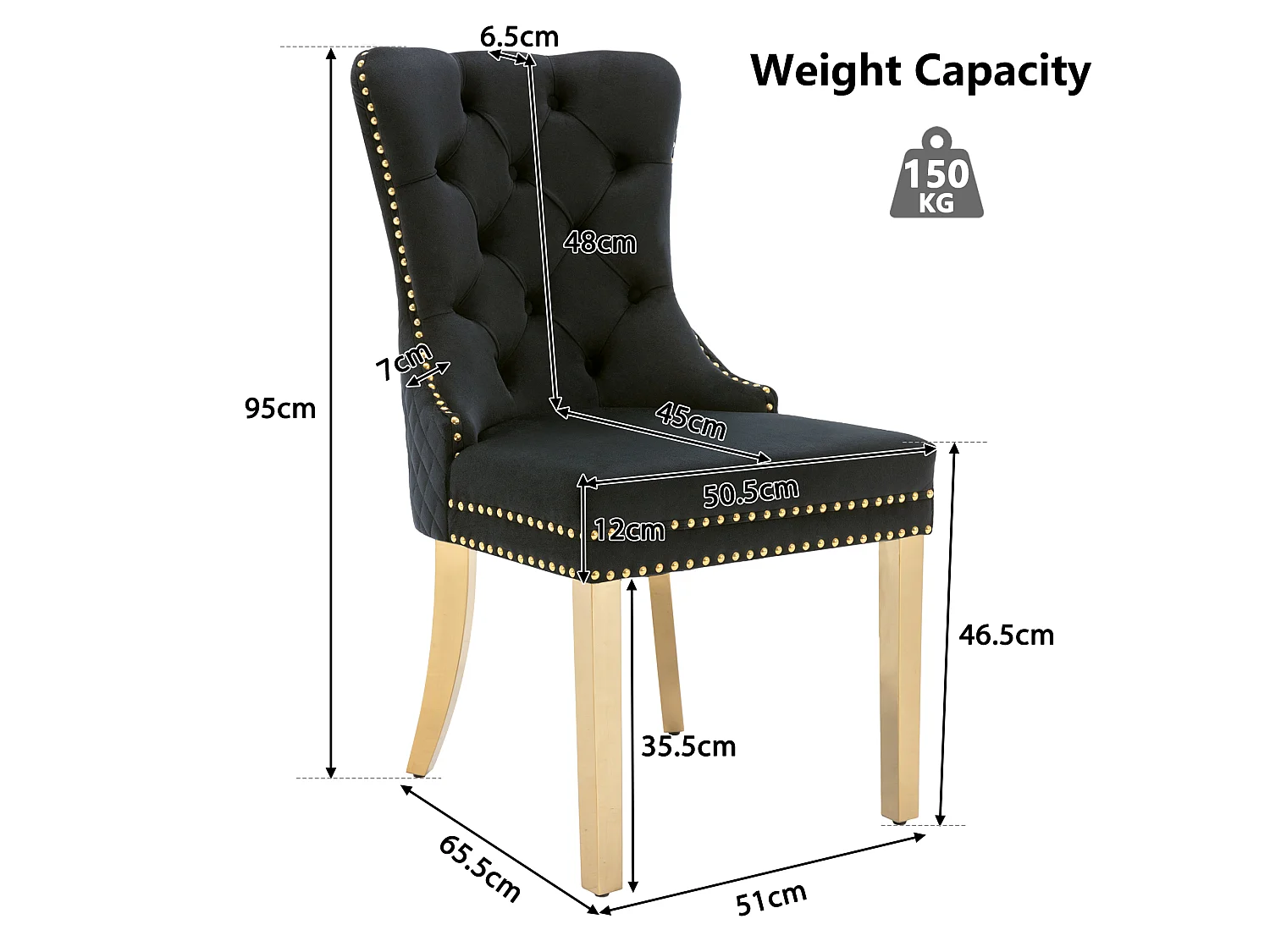 Lot de 4 chaises en velours noir avec garniture cloutée - Pieds en métal doré