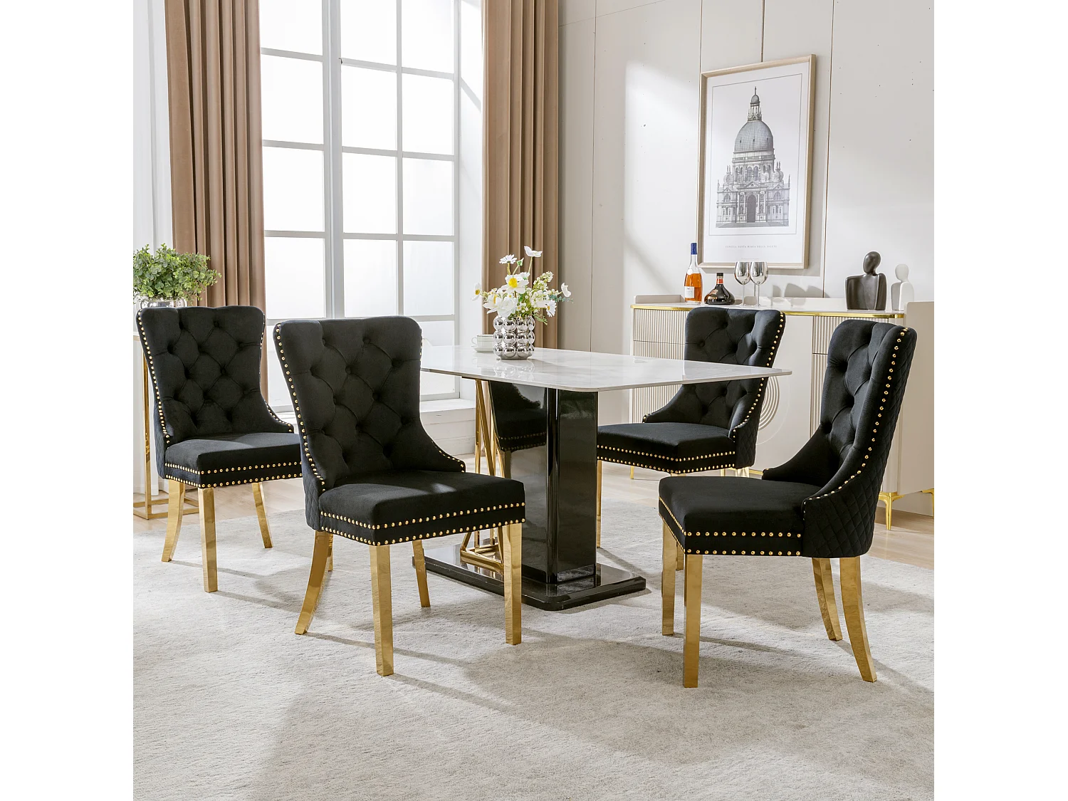 Lot de 4 chaises en velours noir avec garniture cloutée - Pieds en métal doré