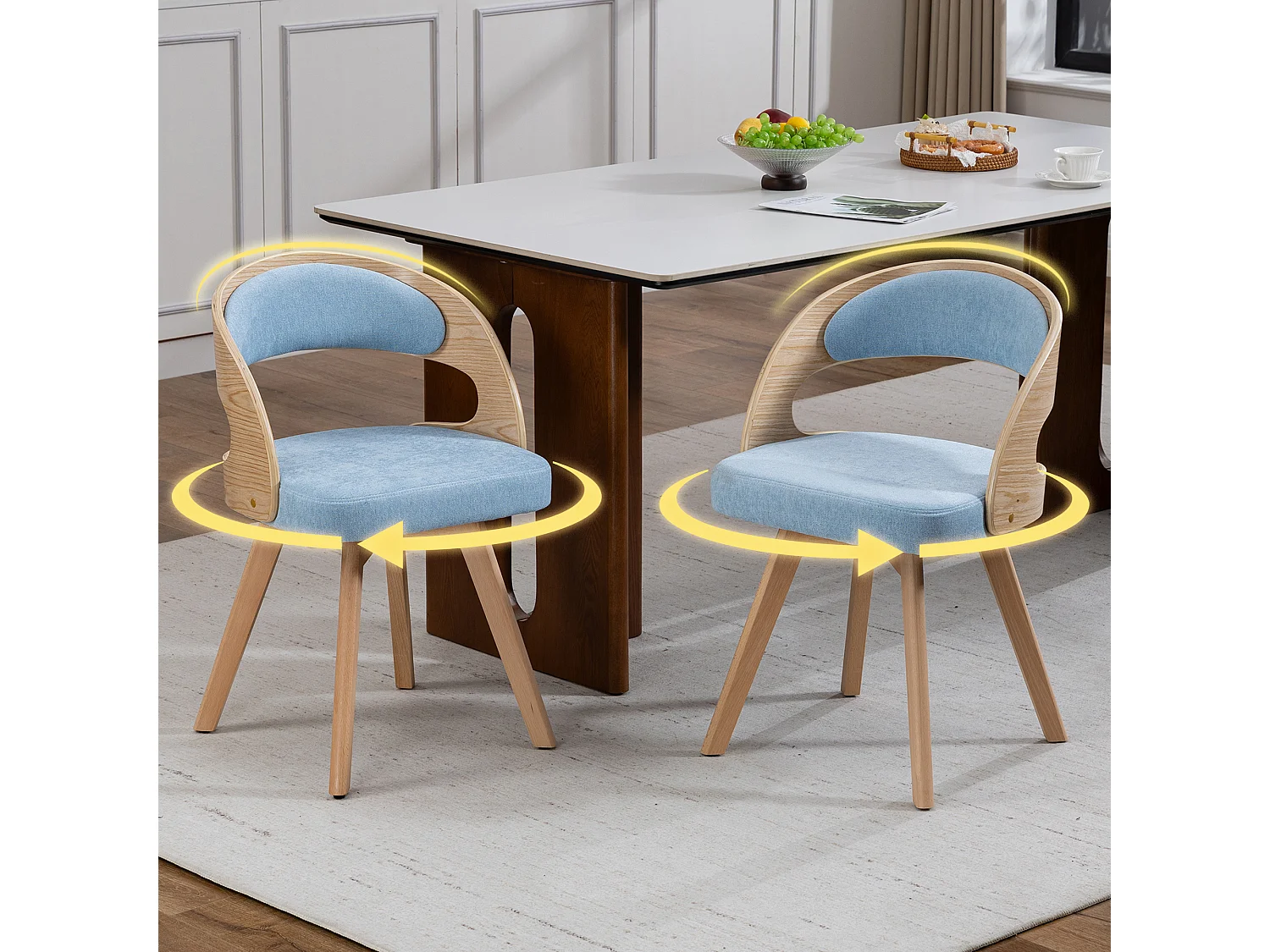 Set van 2 draaibare stoelen van licht hout - Blauwe linnen zitkussens