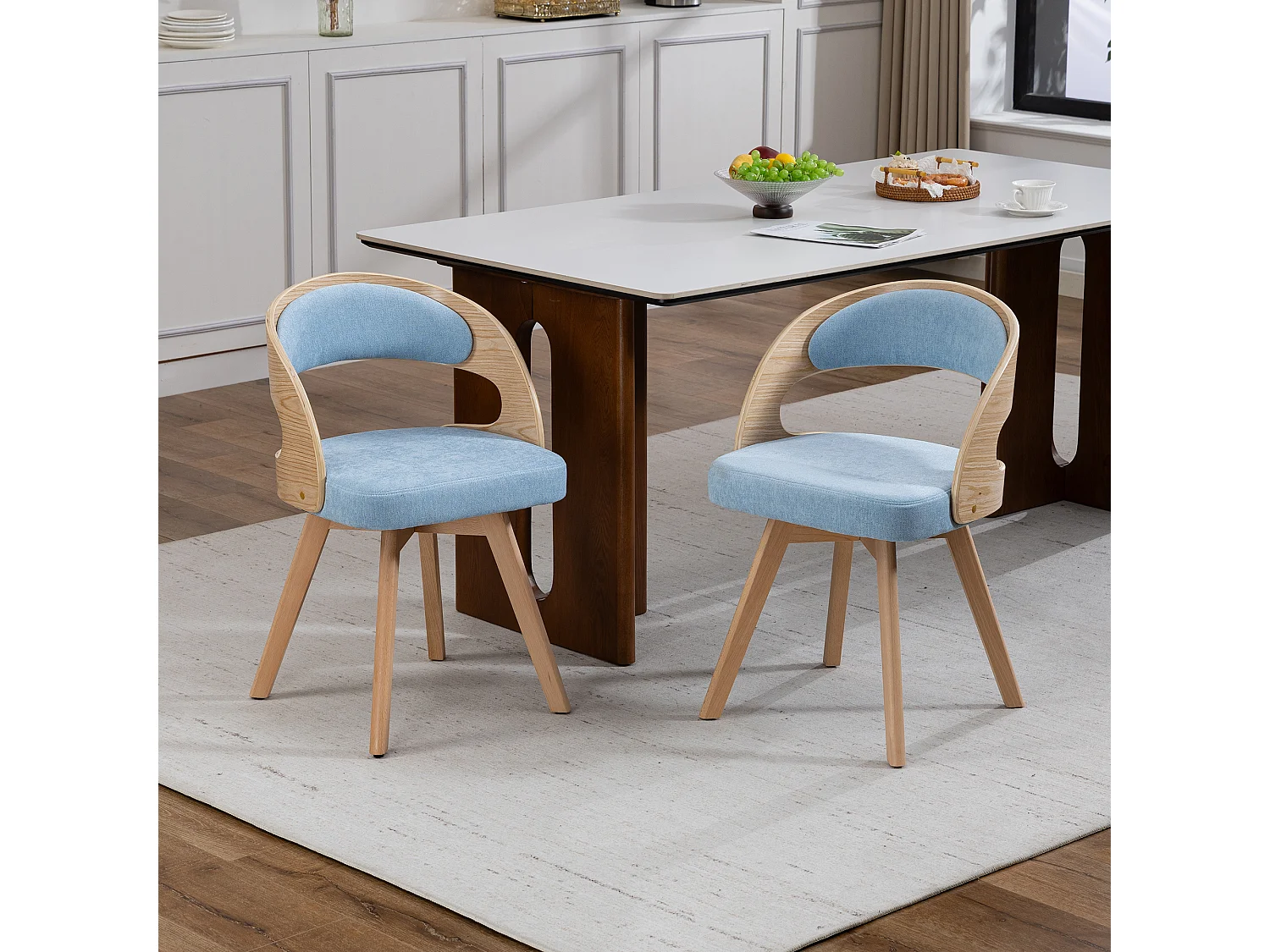 Set van 2 draaibare stoelen van licht hout - Blauwe linnen zitkussens