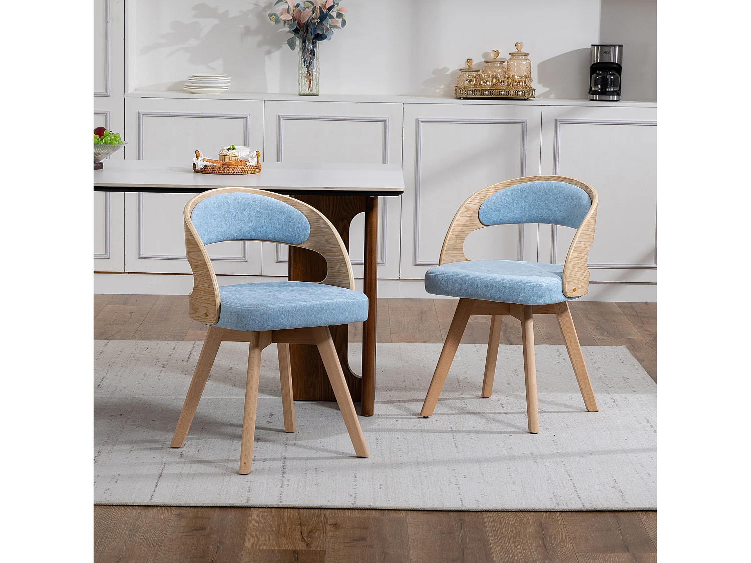 Set van 2 draaibare stoelen van licht hout - Blauwe linnen zitkussens