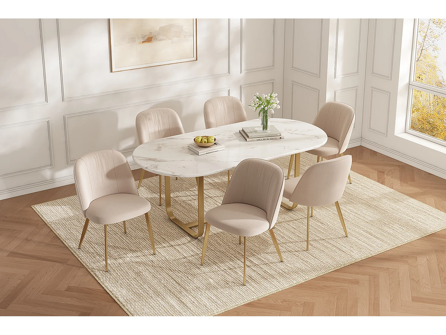 Lot de 6 chaises de salle à manger en velours et métal - Beige et or