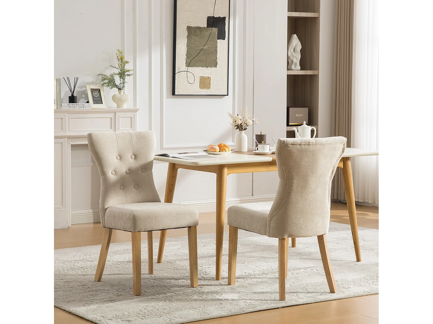 Lot de 2 chaises de salle à manger en tissu chenille avec pieds en bois - Beige