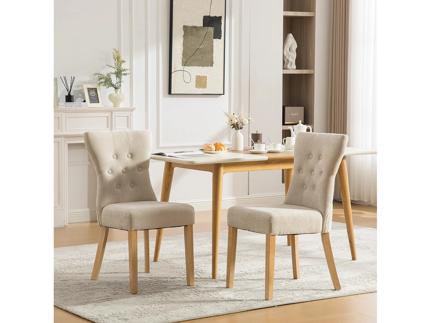 Lot de 2 chaises de salle à manger en tissu chenille avec pieds en bois - Beige