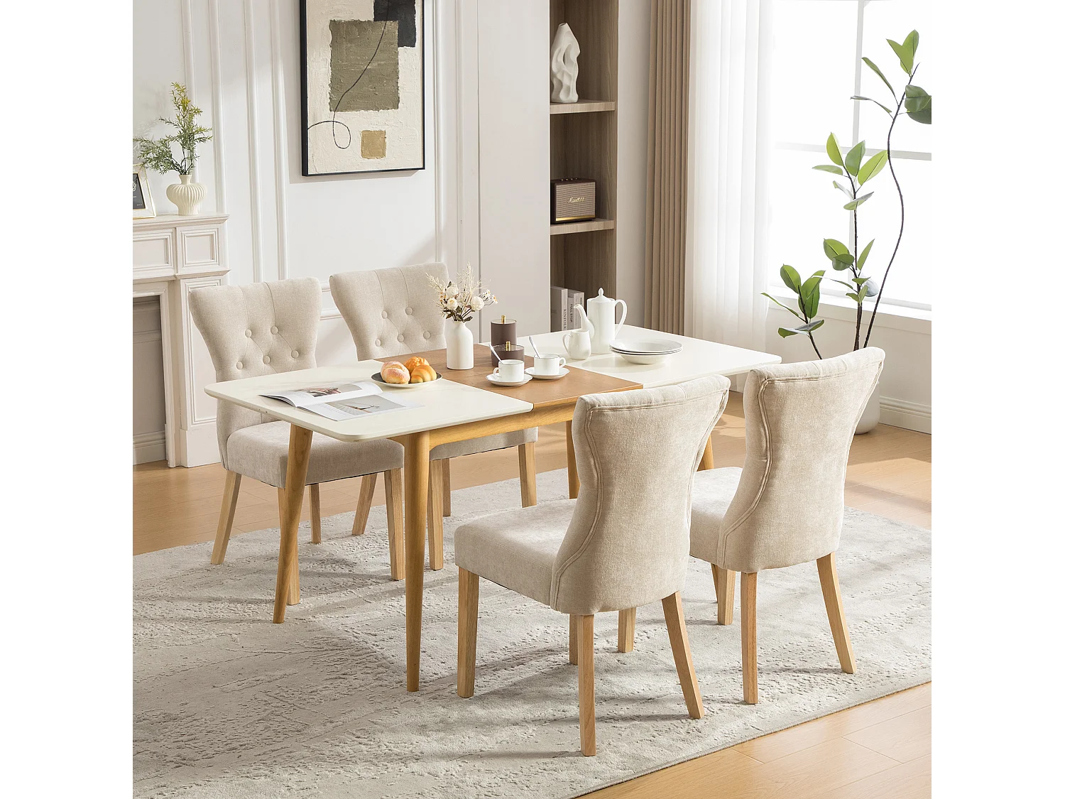 Lot de 2 chaises de salle à manger en tissu chenille avec pieds en bois - Beige