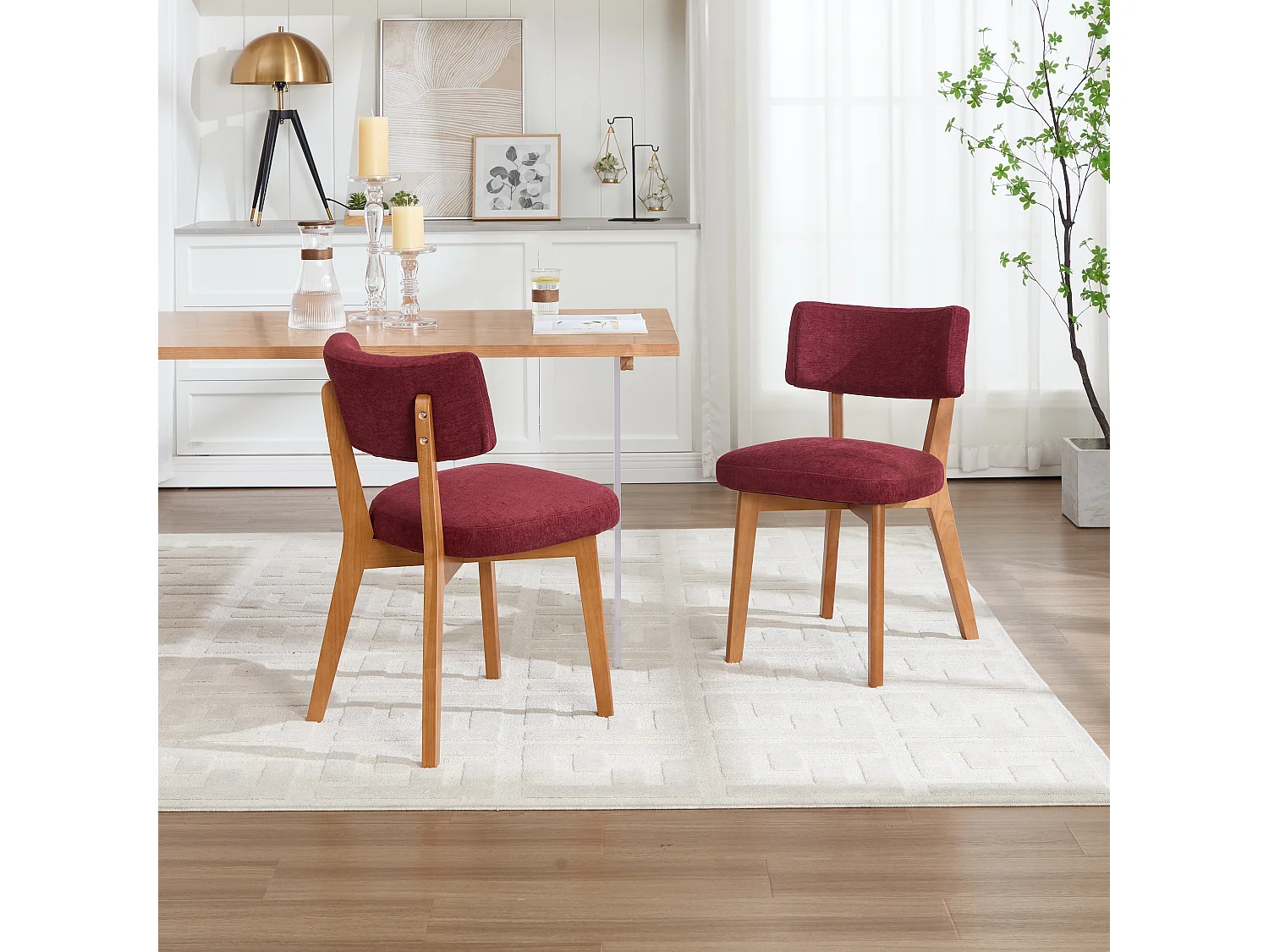 Lot de 2 chaises de salle à manger en tissu rouge bordeaux - Pieds en bois