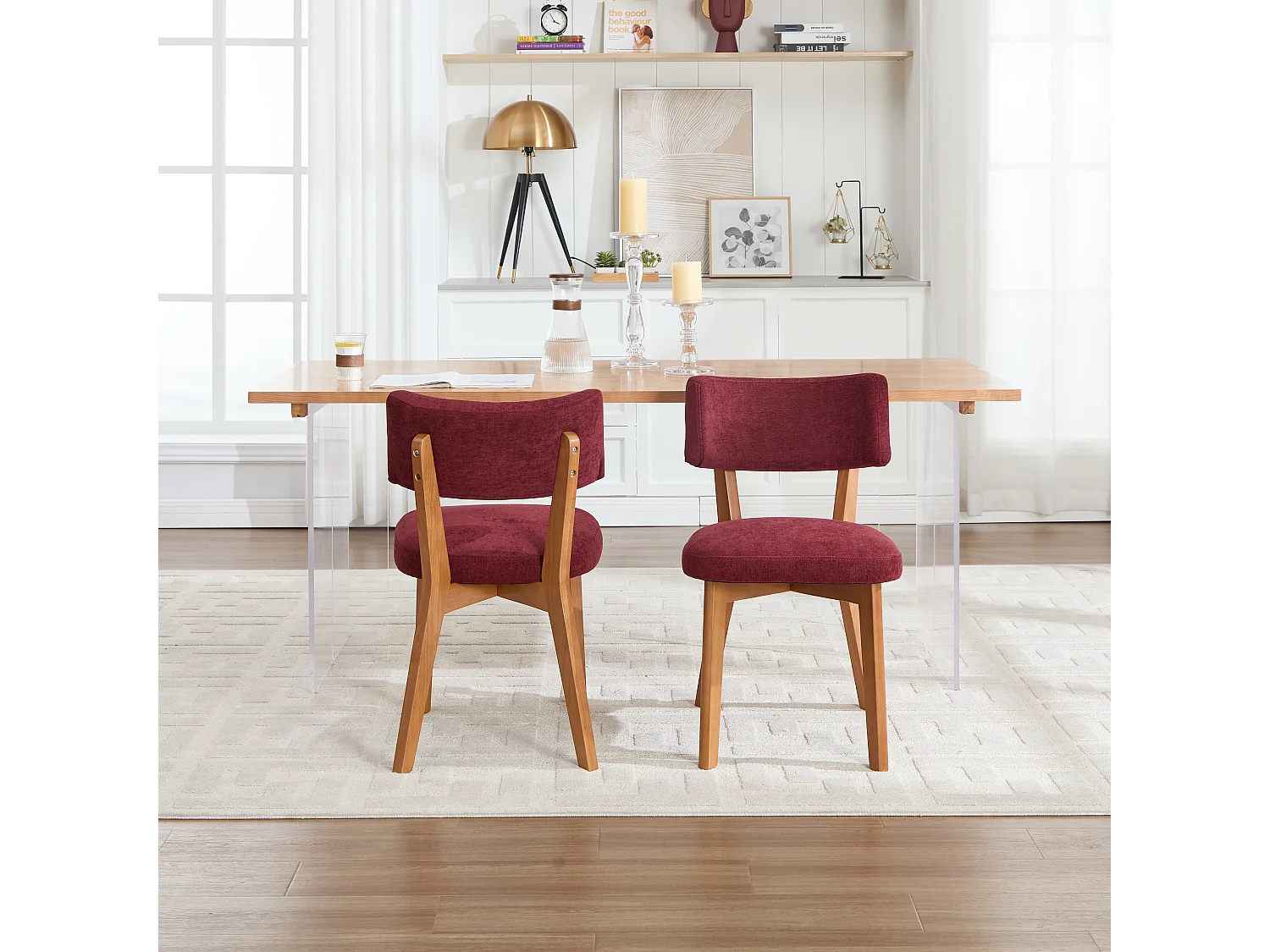 Lot de 2 chaises de salle à manger en tissu rouge bordeaux - Pieds en bois