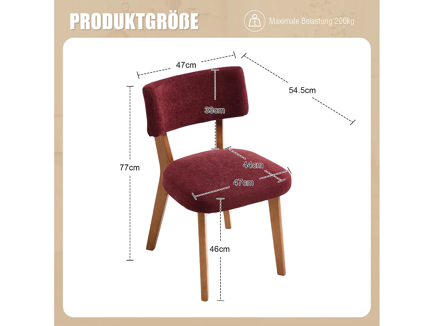 Lot de 2 chaises de salle à manger en tissu rouge bordeaux - Pieds en bois