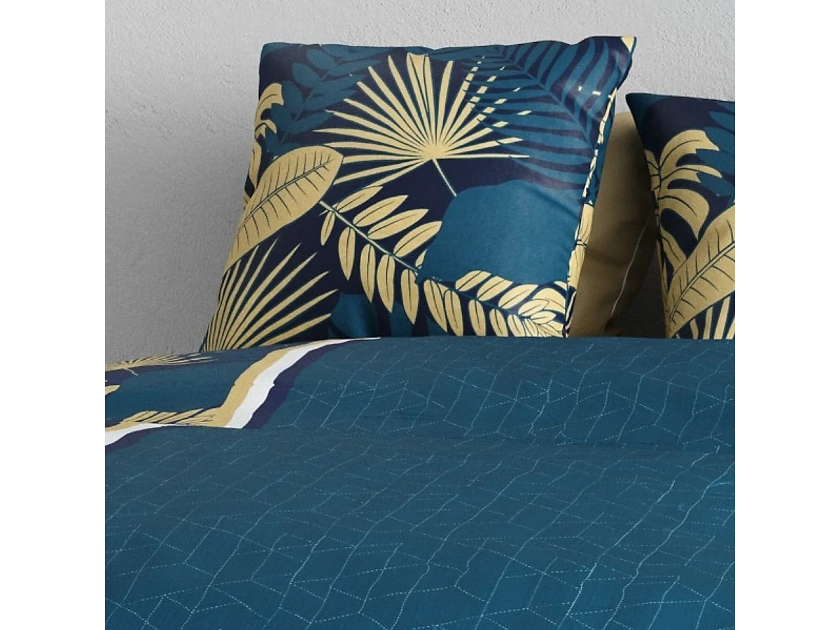 Parure housse de couette 240x220cm + 2 taies motif tropical bleu 100% coton - OPHRA