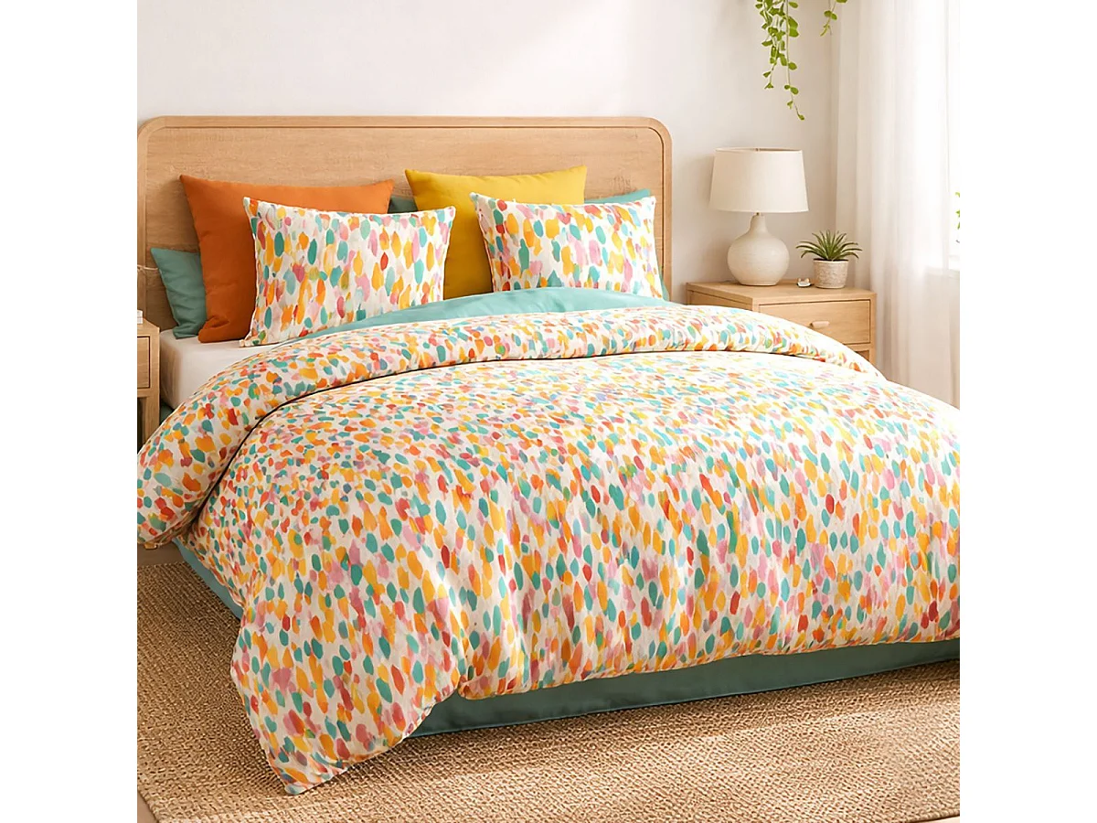 Parure housse de couette 240x220cm + 2 taies motif graphique multicolore 100% coton - MILIANO