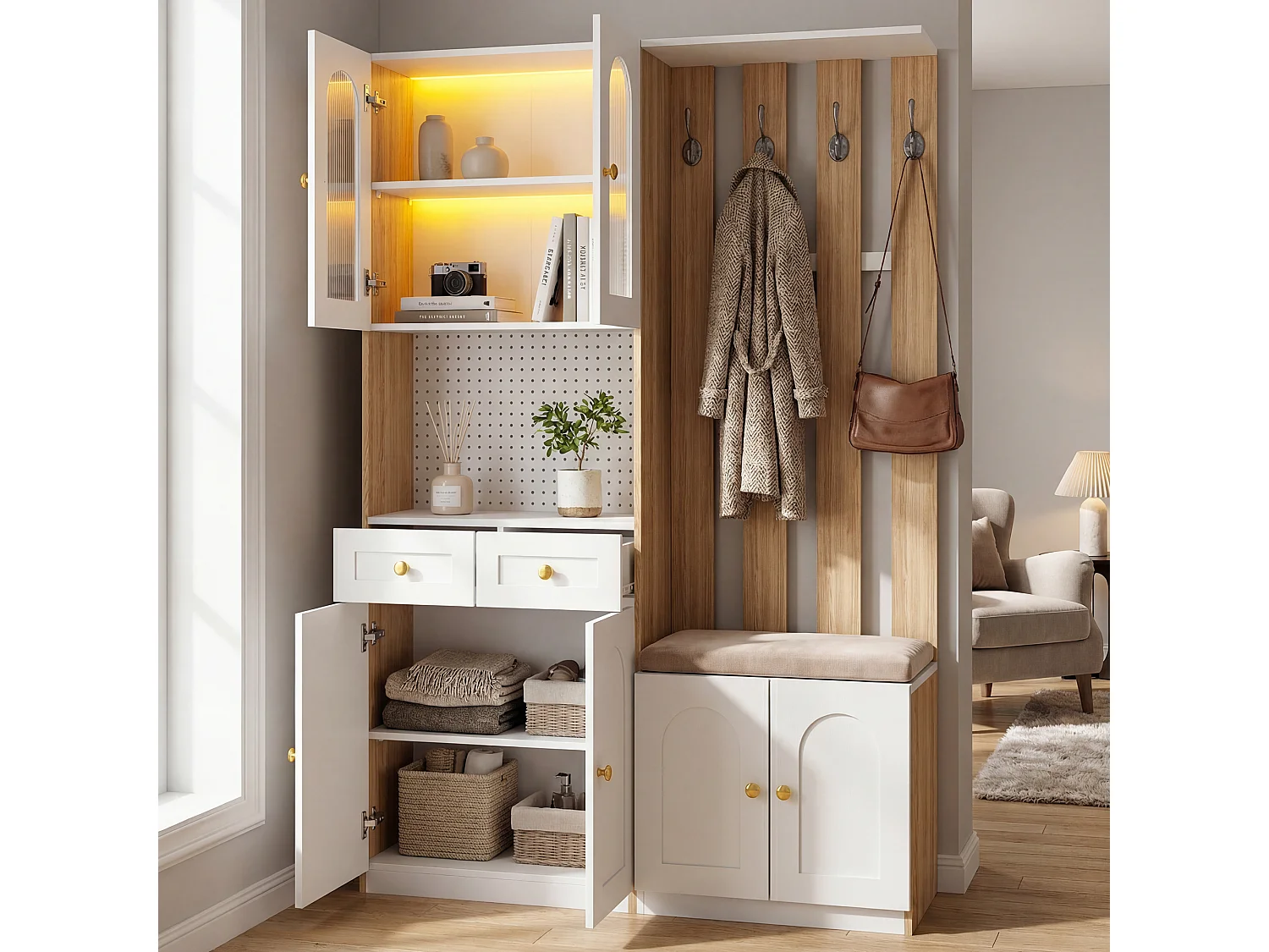 Armadio con 6 ante, panca, 2 cassetti e illuminazione a LED - Bianco e legno 120x30x180 cm