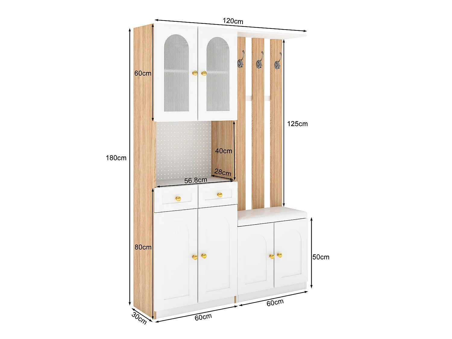 Armadio con 6 ante, panca, 2 cassetti e illuminazione a LED - Bianco e legno 120x30x180 cm