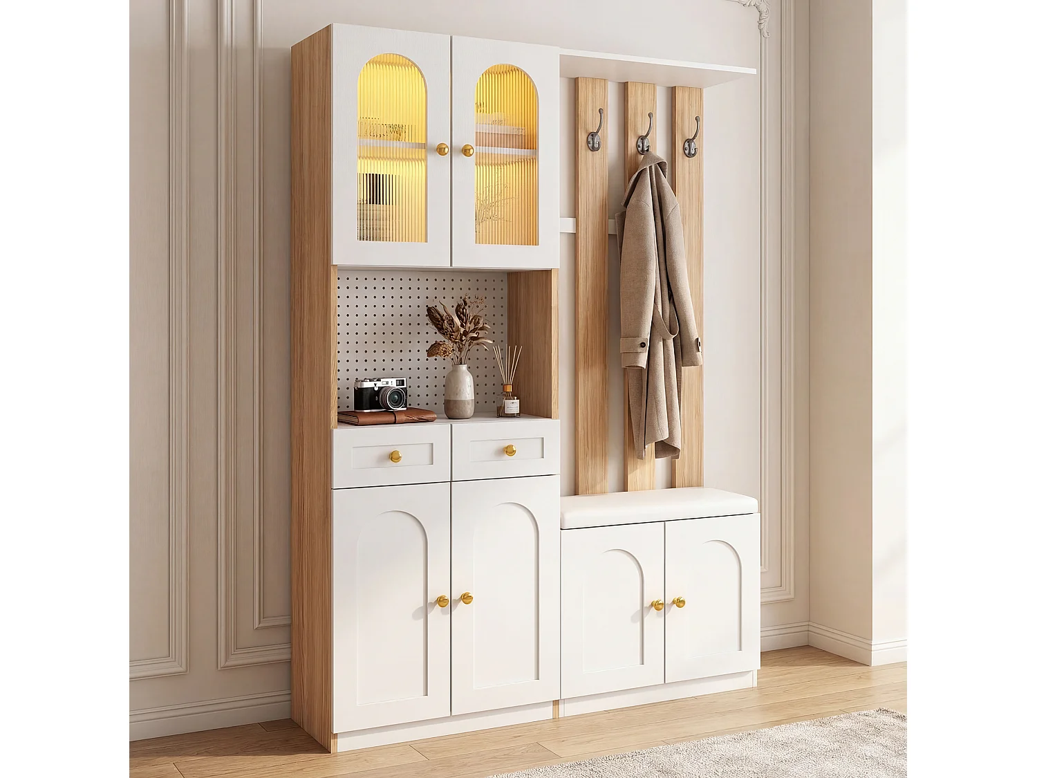 Armadio con 6 ante, panca, 2 cassetti e illuminazione a LED - Bianco e legno 120x30x180 cm