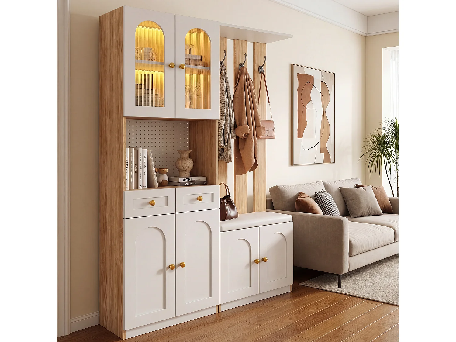 Armadio con 6 ante, panca, 2 cassetti e illuminazione a LED - Bianco e legno 120x30x180 cm
