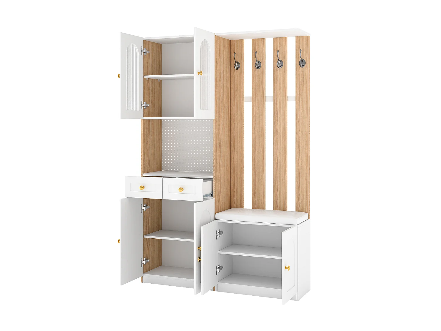 Armadio con 6 ante, panca, 2 cassetti e illuminazione a LED - Bianco e legno 120x30x180 cm