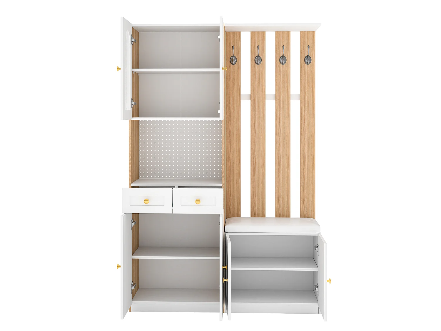 Armadio con 6 ante, panca, 2 cassetti e illuminazione a LED - Bianco e legno 120x30x180 cm