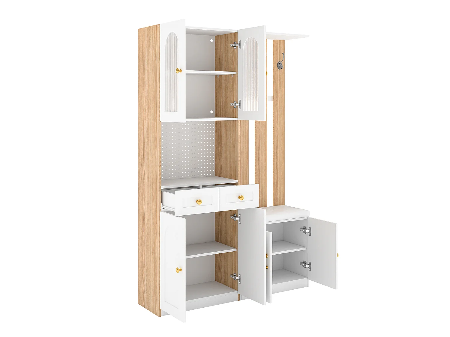 Armadio con 6 ante, panca, 2 cassetti e illuminazione a LED - Bianco e legno 120x30x180 cm